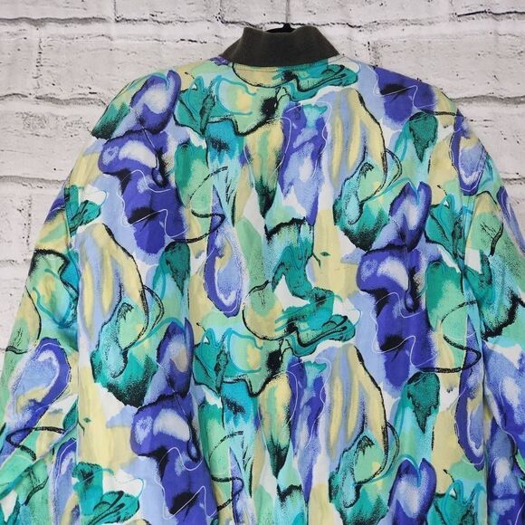 Silk World Abstract Graphic Pattern Ribbed Trim Bomber Jacket Blue Green Large - Picture 8 of 12